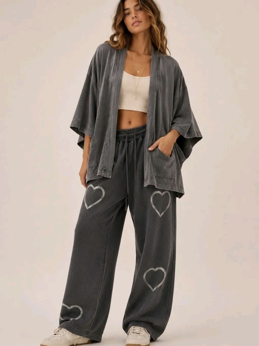 aerie Washed Charcoal Heart Kimono Lounge Set